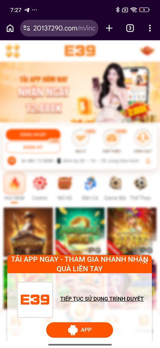 Màn hình web E39 trên Android, nút APP được khoanh đỏ
