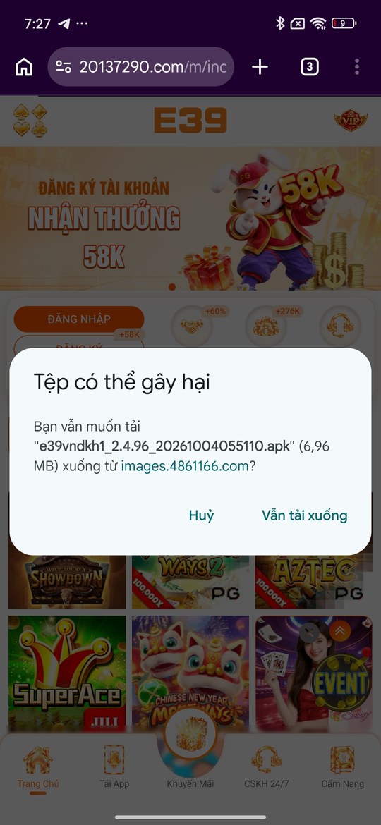 Hộp thoại Tệp có thể gây hại, nút Vẫn tải xuống được khoanh đỏ