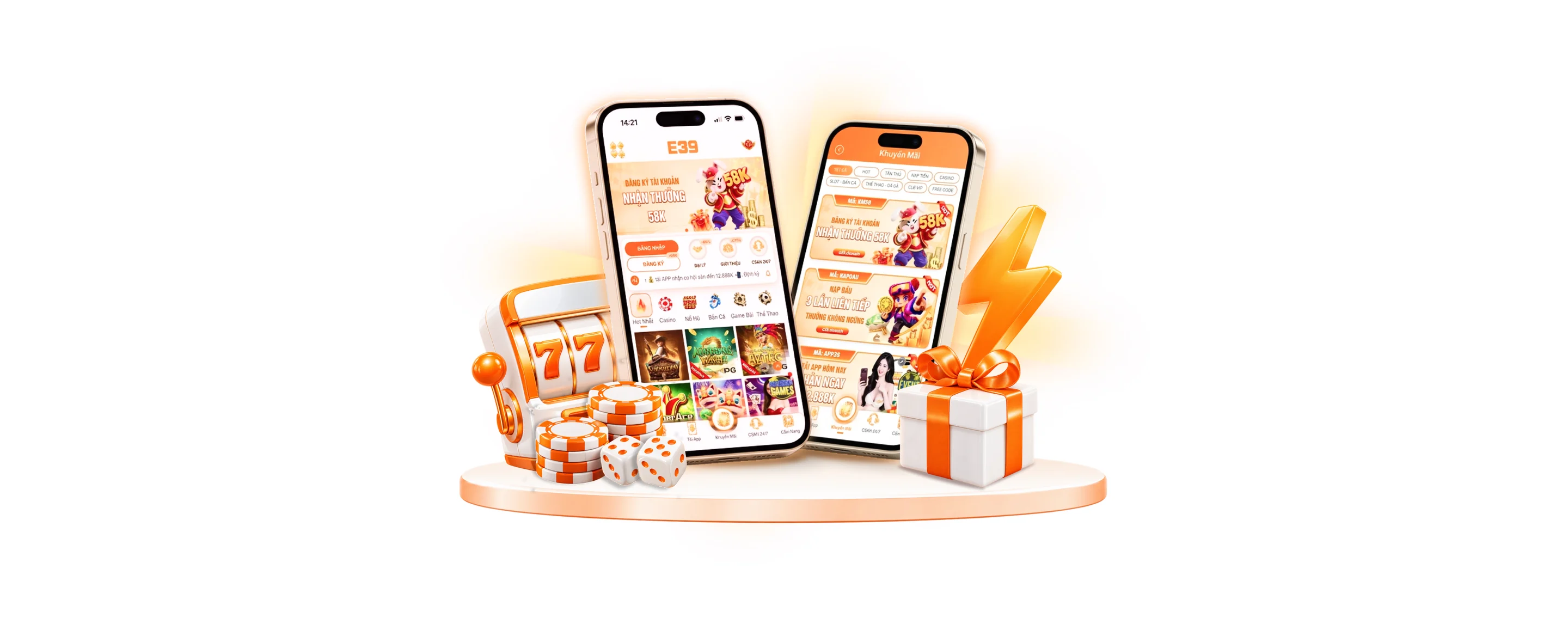 Ứng dụng E39 trên hai chiếc iPhone, bên cạnh máy đánh bạc, tia sét và hộp quà màu cam