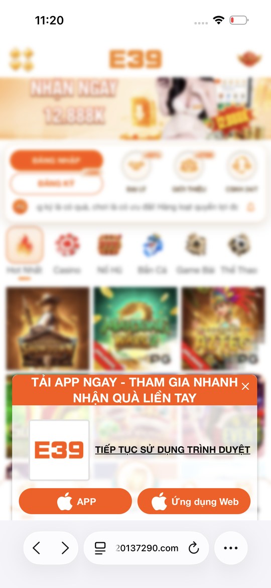 Màn hình web E39, nút APP được khoanh đỏ