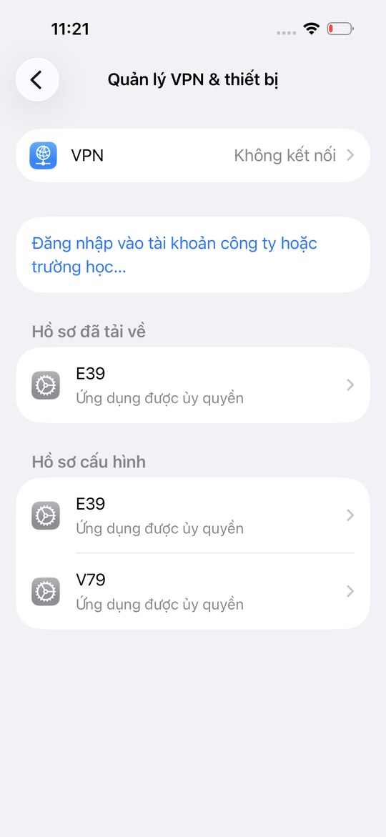 Màn hình Quản lý VPN & thiết bị, hồ sơ E39 được khoanh đỏ